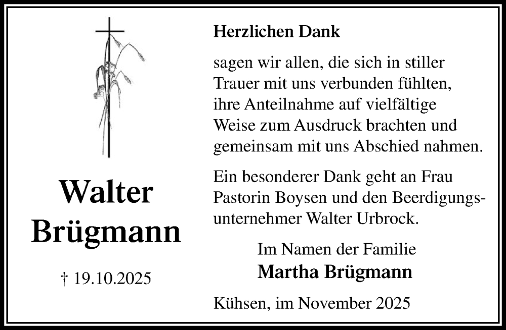  Traueranzeige für Walter Brügmann vom 15.11.2025 aus MARKT Ratzeburg/Mölln