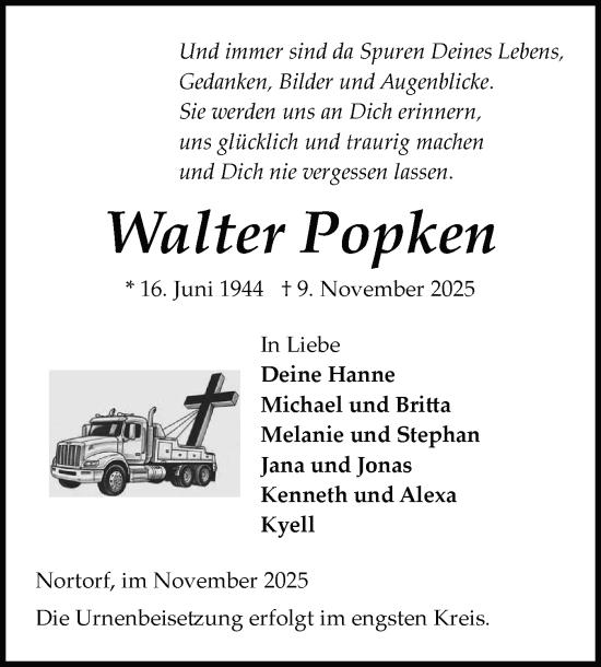 Traueranzeige von Walter Popken von Schleswig-Holsteinische Landeszeitung