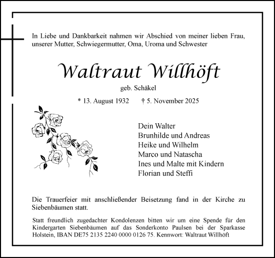 Traueranzeige von Waltraut Willhöft von MARKT Bad Oldesloe/Reinfeld und Stormarner Tageblatt