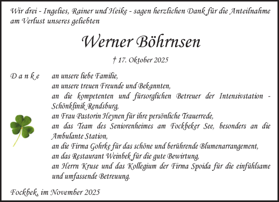 Traueranzeige von Werner Böhrnsen von Schleswig-Holsteinische Landeszeitung