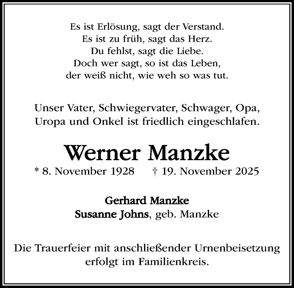  Traueranzeige für Werner Manzke vom 29.11.2025 aus MARKT Ratzeburg/Mölln