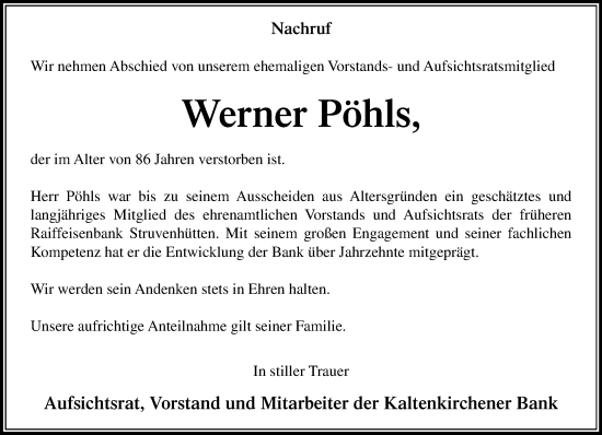 Traueranzeige von Werner Pöhls von Umschau