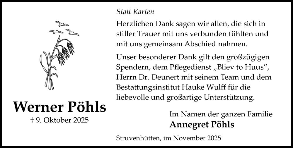  Traueranzeige für Werner Pöhls vom 22.11.2025 aus Umschau