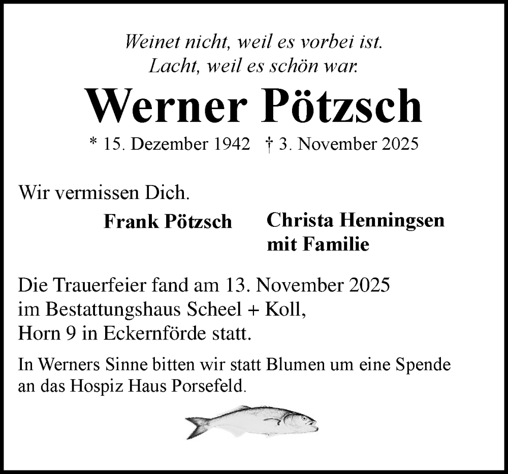  Traueranzeige für Werner Pötzsch vom 15.11.2025 aus Hallo Eckernförde