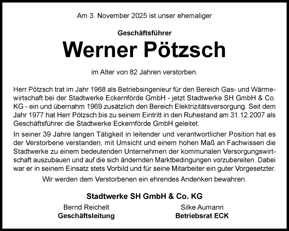  Traueranzeige für Werner Pötzsch vom 20.11.2025 aus Eckernförder Zeitung