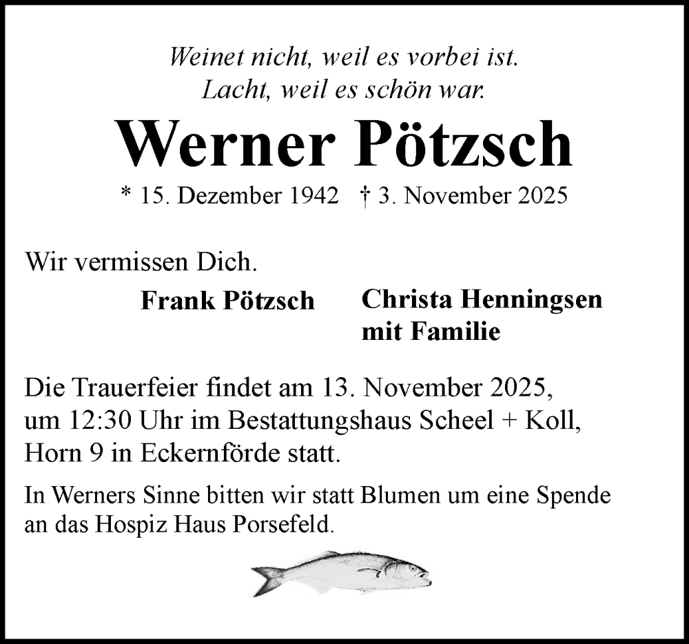 Traueranzeige für Werner Pötzsch vom 08.11.2025 aus Eckernförder Zeitung