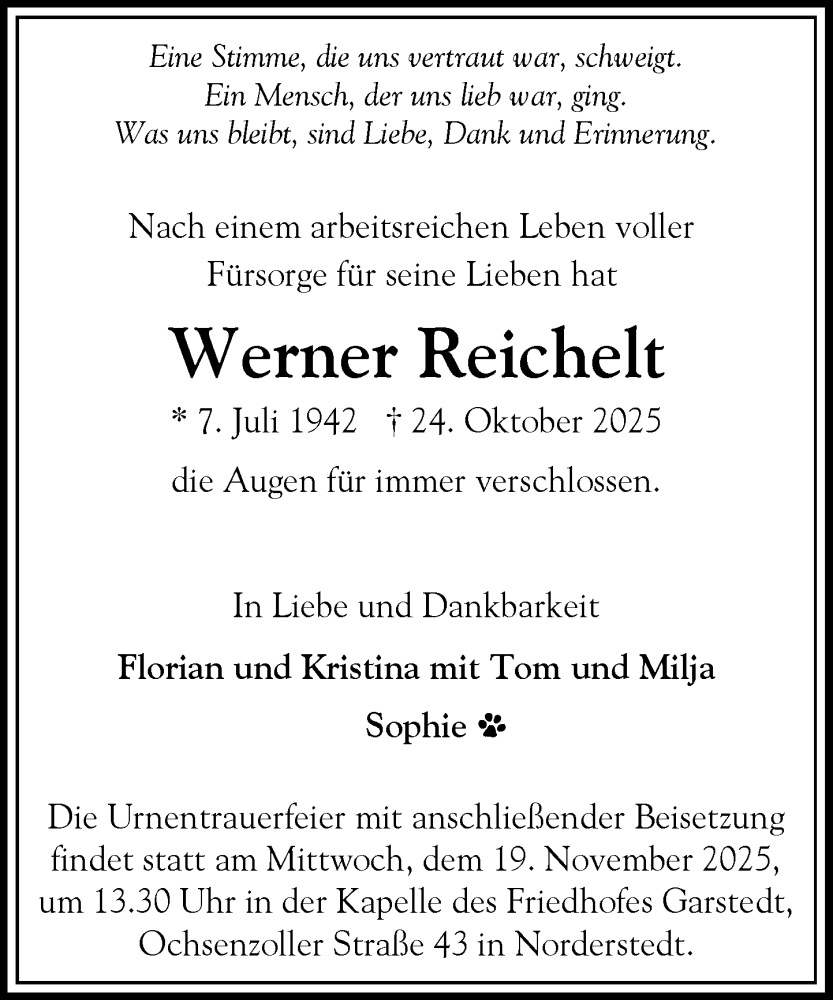  Traueranzeige für Werner Reichelt vom 08.11.2025 aus Heimatspiegel