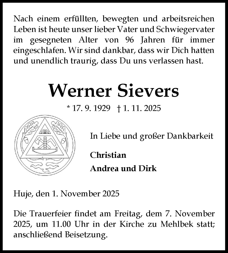  Traueranzeige für Werner Sievers vom 05.11.2025 aus Norddeutsche Rundschau, Wilstersche Zeitung, Glückstädter Fortuna