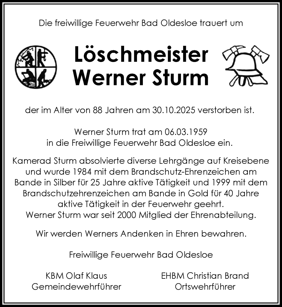  Traueranzeige für Werner Sturm vom 15.11.2025 aus MARKT Bad Oldesloe/Reinfeld und Stormarner Tageblatt