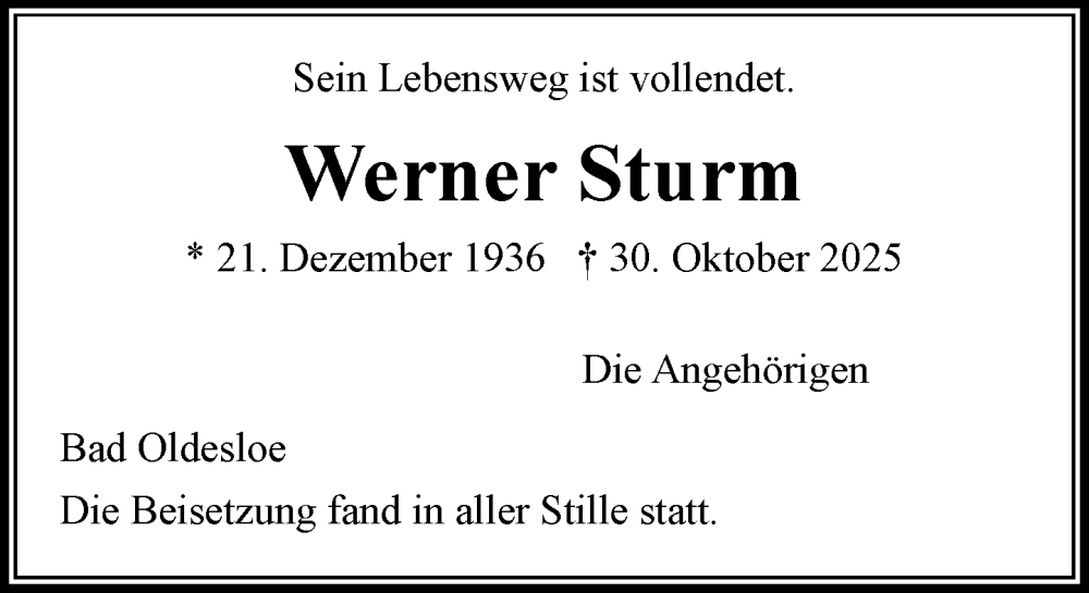  Traueranzeige für Werner Sturm vom 15.11.2025 aus MARKT Bad Oldesloe/Reinfeld und Stormarner Tageblatt
