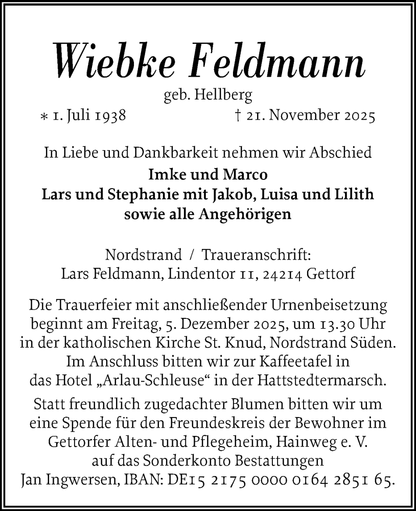  Traueranzeige für Wiebke Feldmann vom 29.11.2025 aus Husumer Nachrichten, Nordfriesland Tageblatt