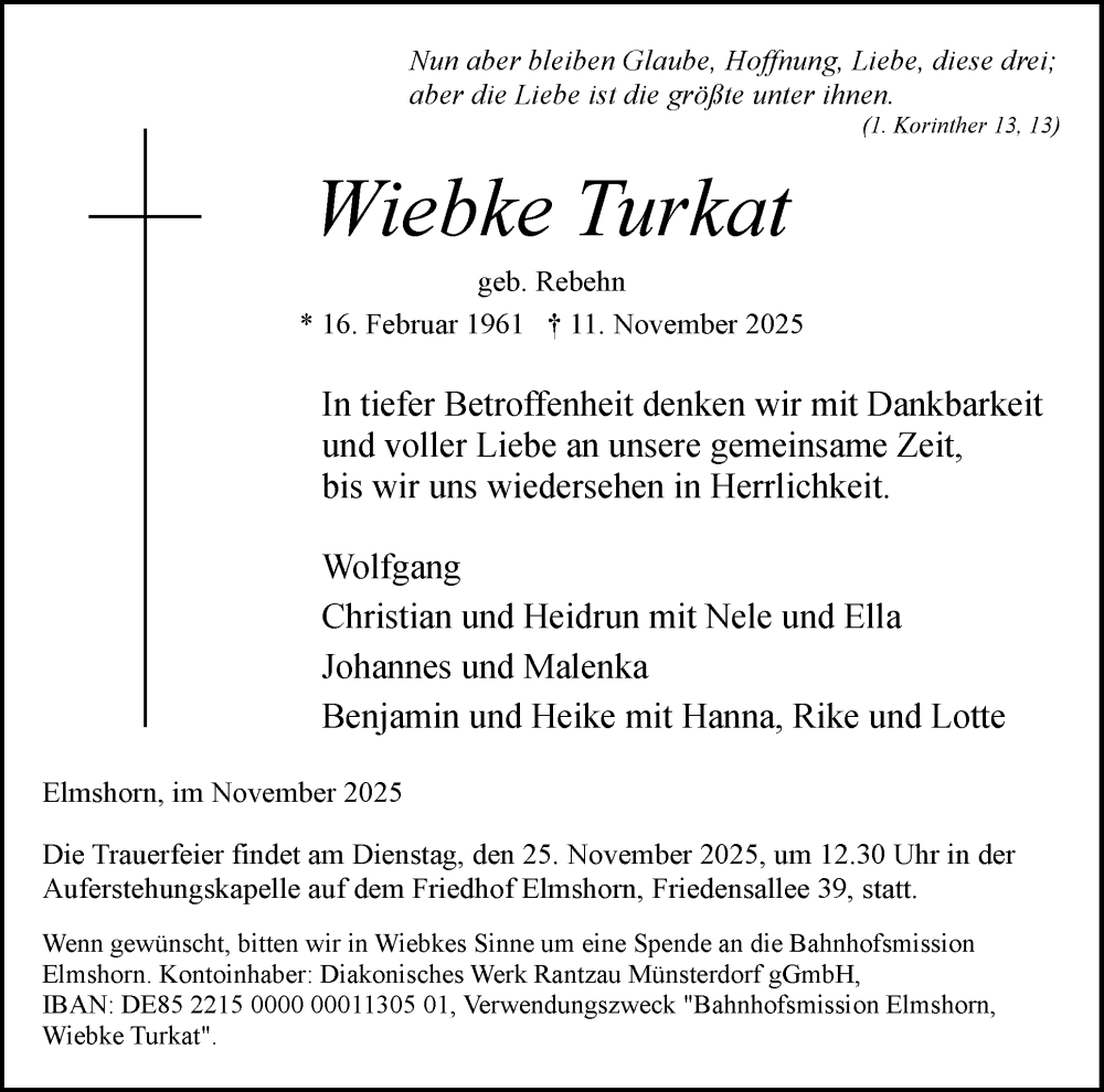  Traueranzeige für Wiebke Turkat vom 22.11.2025 aus Elmshorner Nachrichten, Barmstedter Zeitung