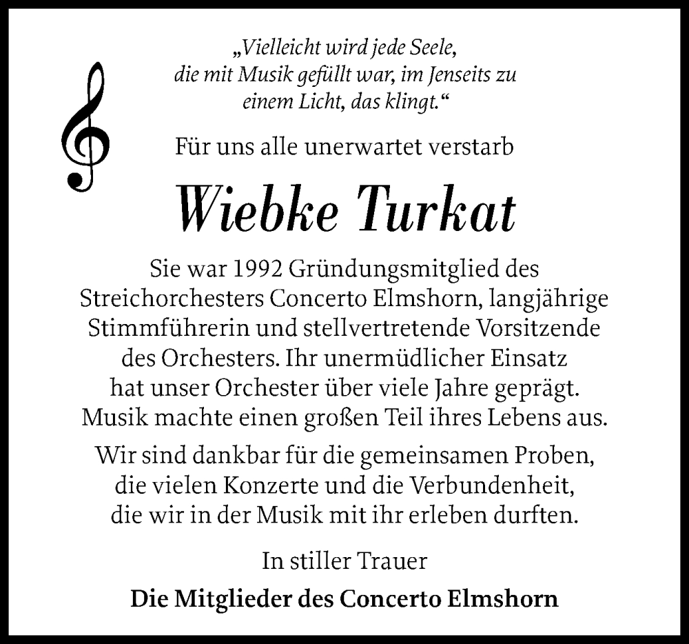  Traueranzeige für Wiebke Turkat vom 22.11.2025 aus Elmshorner Nachrichten, Barmstedter Zeitung