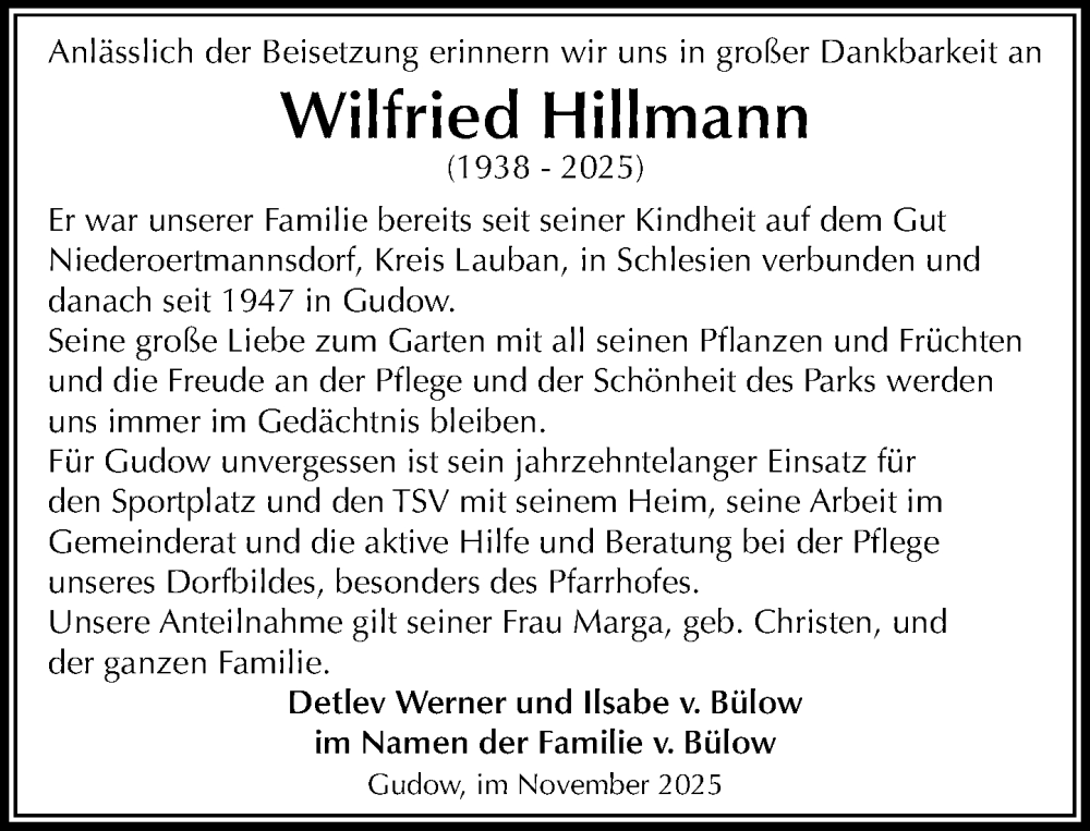  Traueranzeige für Wilfried Hillmann vom 08.11.2025 aus MARKT Ratzeburg/Mölln