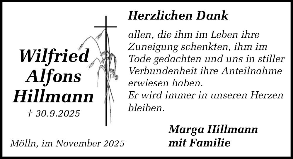  Traueranzeige für Wilfried Alfons Hillmann vom 22.11.2025 aus MARKT Ratzeburg/Mölln