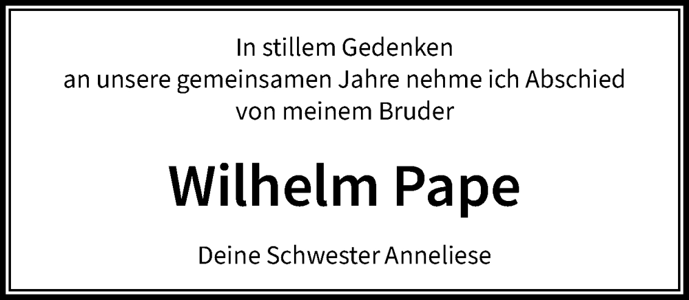  Traueranzeige für Wilhelm Pape vom 29.11.2025 aus MARKT Ratzeburg/Mölln