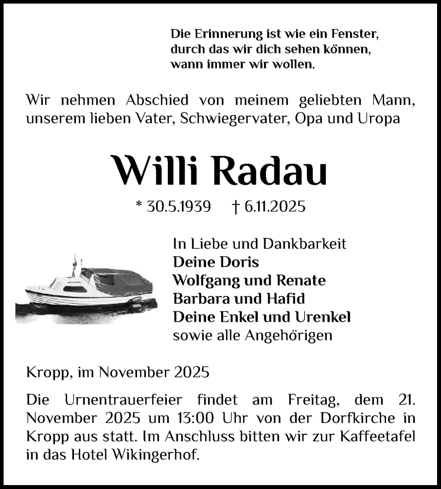  Traueranzeige für Willi Radau vom 15.11.2025 aus Schleswiger Nachrichten, Schlei-Bote
