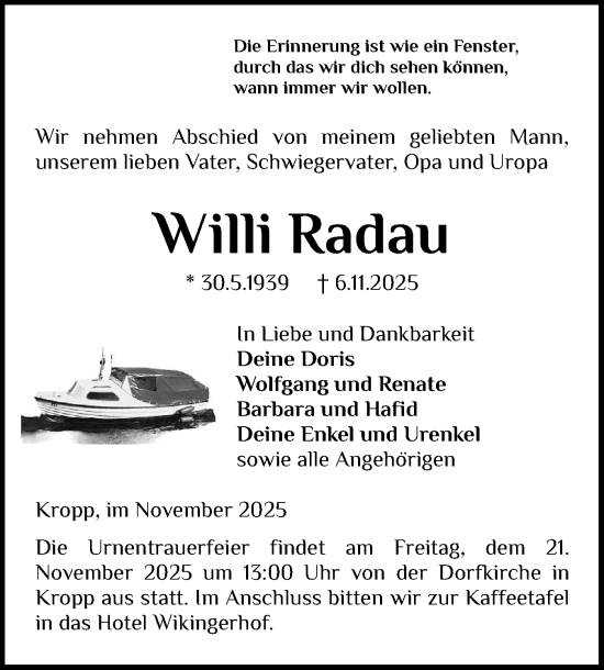 Traueranzeige von Willi Radau von Schleswiger Nachrichten, Schlei-Bote