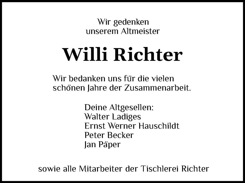  Traueranzeige für Willi Richter vom 29.11.2025 aus Norddeutsche Rundschau, Wilstersche Zeitung, Glückstädter Fortuna