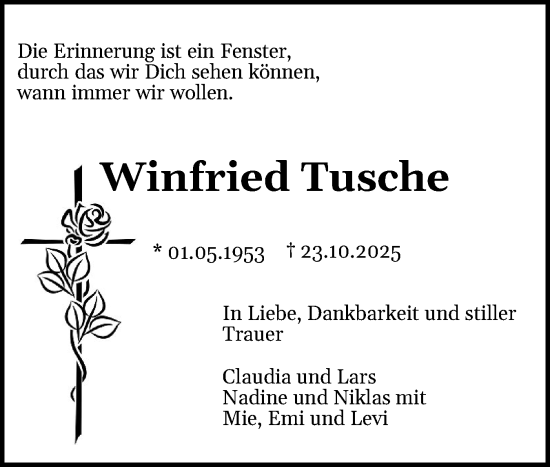 Traueranzeige von Winfried Tusche von Flensburger Tageblatt