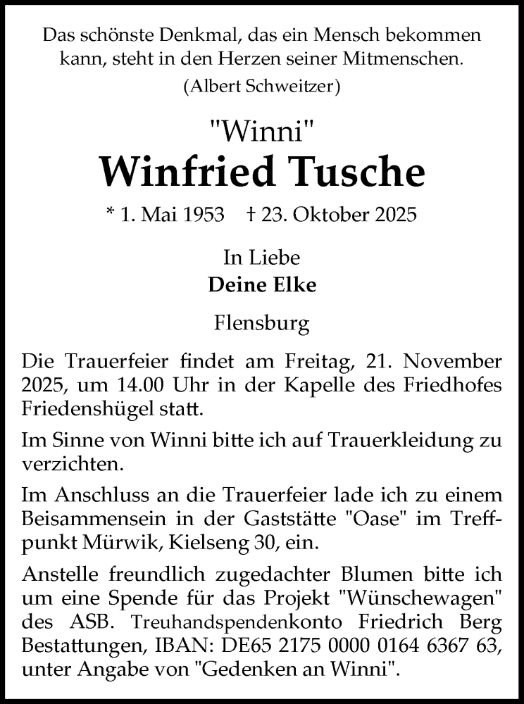  Traueranzeige für Winfried Tusche vom 08.11.2025 aus Flensburger Tageblatt