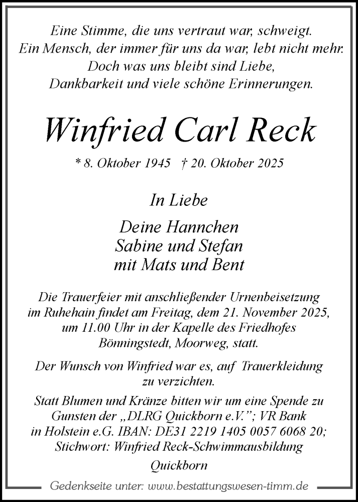 Traueranzeige für Winfried Carl Reck vom 15.11.2025 aus Region Pinneberg und tip Pinneberg
