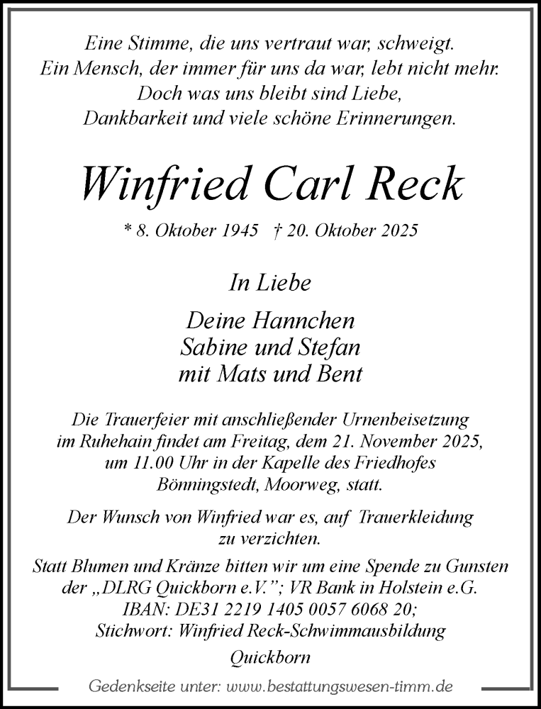  Traueranzeige für Winfried Carl Reck vom 15.11.2025 aus Umschau