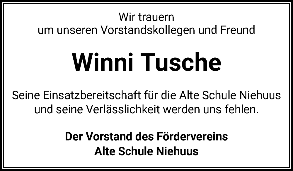  Traueranzeige für Winni Tusche vom 12.11.2025 aus Flensburger Tageblatt