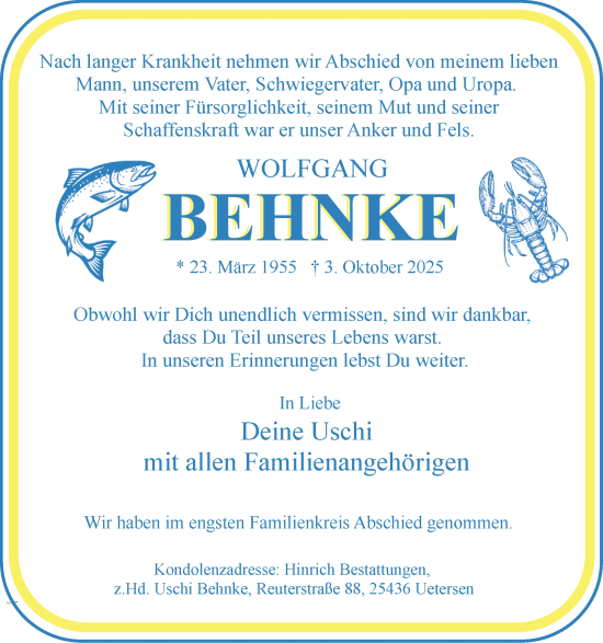 Traueranzeige von Wolfgang Behnke von Elmshorner Nachrichten, Barmstedter Zeitung