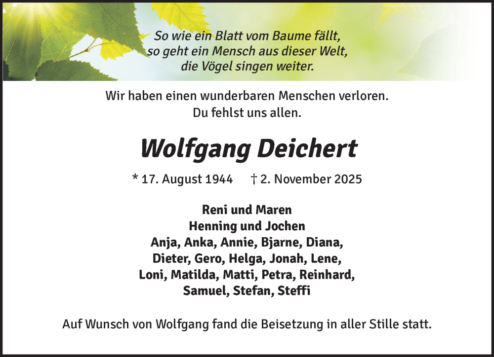  Traueranzeige für Wolfgang Deichert vom 29.11.2025 aus Norddeutsche Rundschau, Wilstersche Zeitung, Glückstädter Fortuna