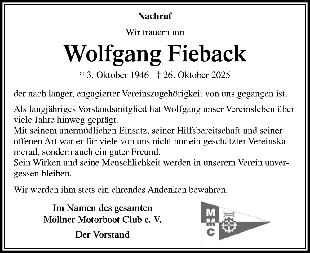  Traueranzeige für Wolfgang Fieback vom 08.11.2025 aus MARKT Ratzeburg/Mölln