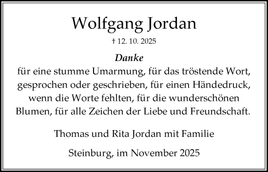 Traueranzeige von Wolfgang Jordan von Norddeutsche Rundschau, Wilstersche Zeitung, Glückstädter Fortuna