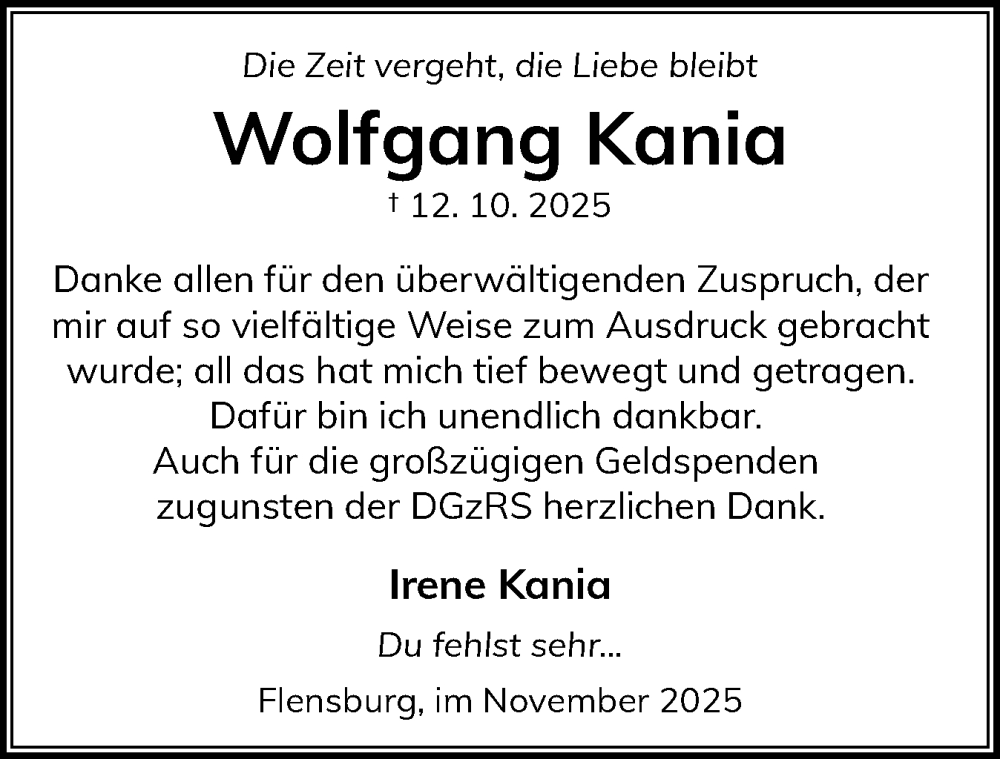  Traueranzeige für Wolfgang Kania vom 29.11.2025 aus Flensburger Tageblatt