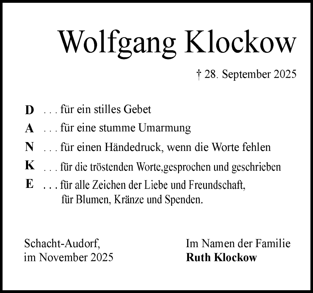  Traueranzeige für Wolfgang Klockow vom 15.11.2025 aus Schleswig-Holsteinische Landeszeitung
