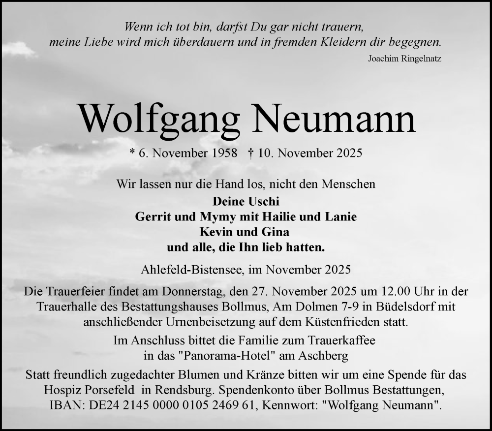  Traueranzeige für Wolfgang Neumann vom 22.11.2025 aus Schleswig-Holsteinische Landeszeitung