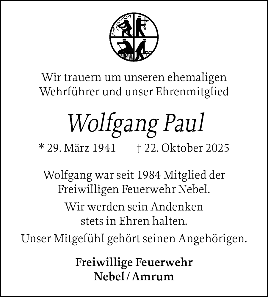  Traueranzeige für Wolfgang Paul vom 17.11.2025 aus Der Insel-Bote