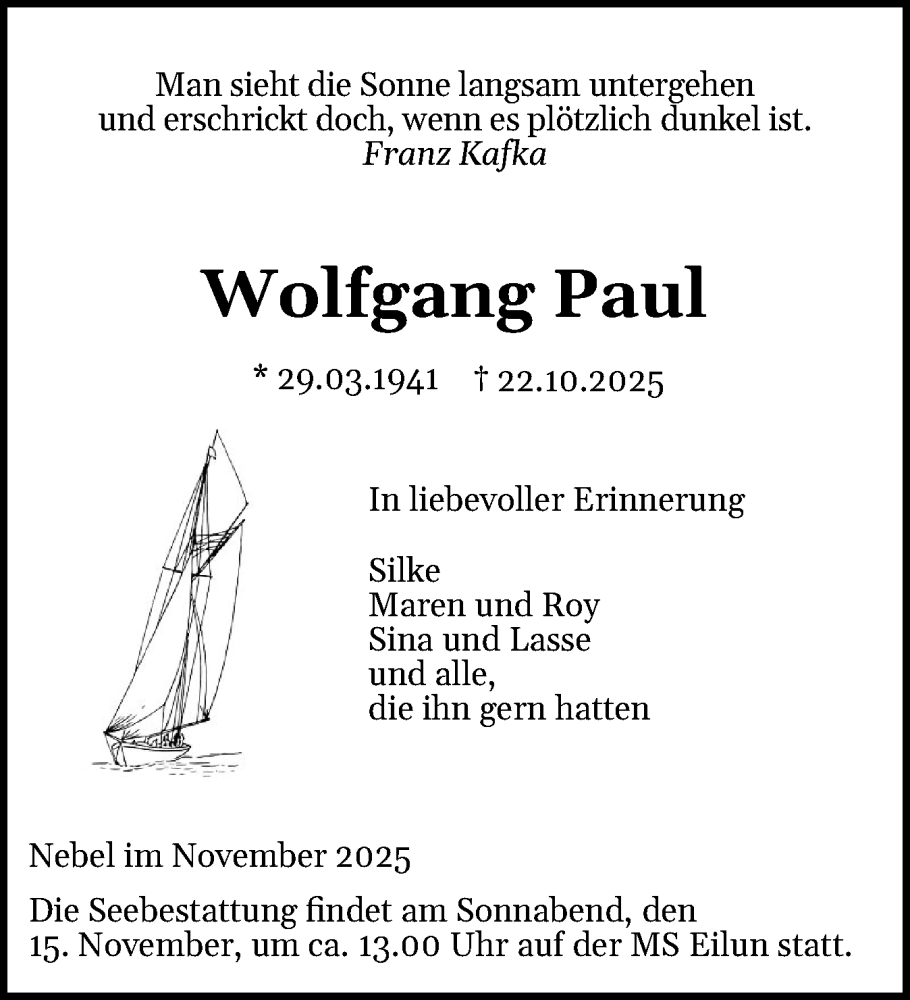  Traueranzeige für Wolfgang Paul vom 12.11.2025 aus Der Insel-Bote