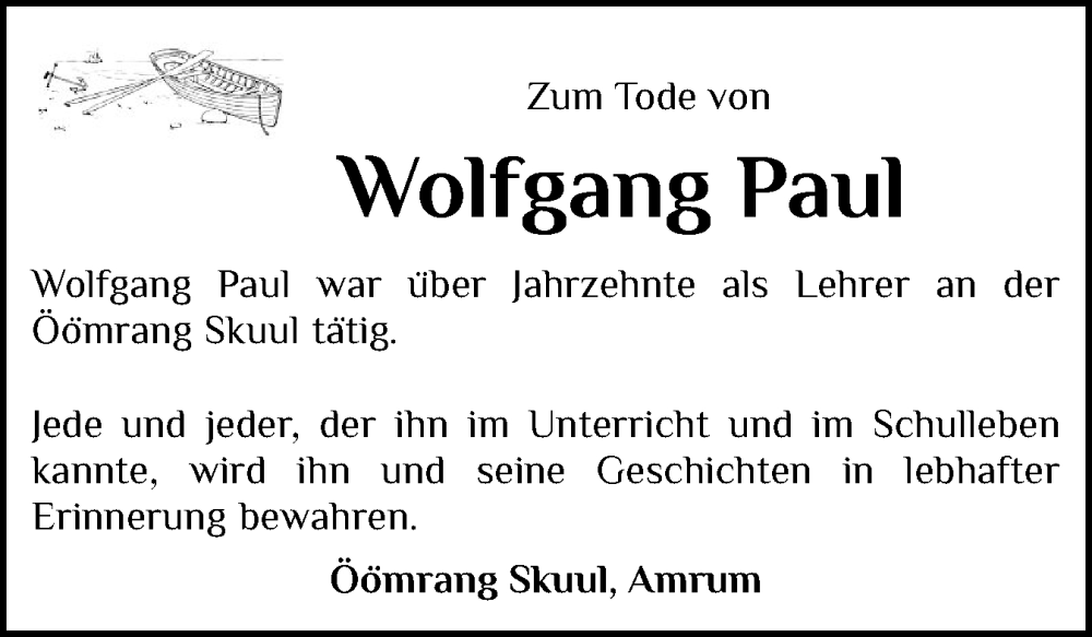 Traueranzeige für Wolfgang Paul vom 17.11.2025 aus Der Insel-Bote