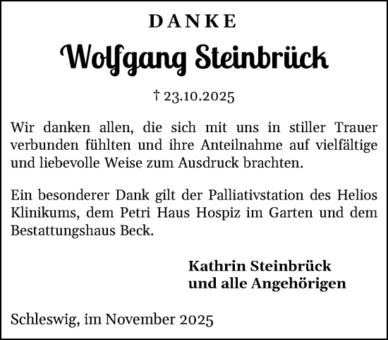 Traueranzeige von Wolfgang Steinbrück von Schleswiger Nachrichten, Schlei-Bote