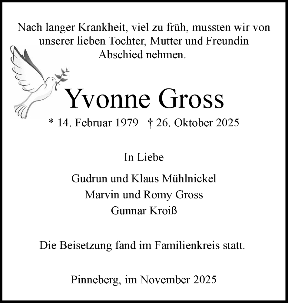  Traueranzeige für Yvonne Groß vom 22.11.2025 aus Region Pinneberg und tip Pinneberg