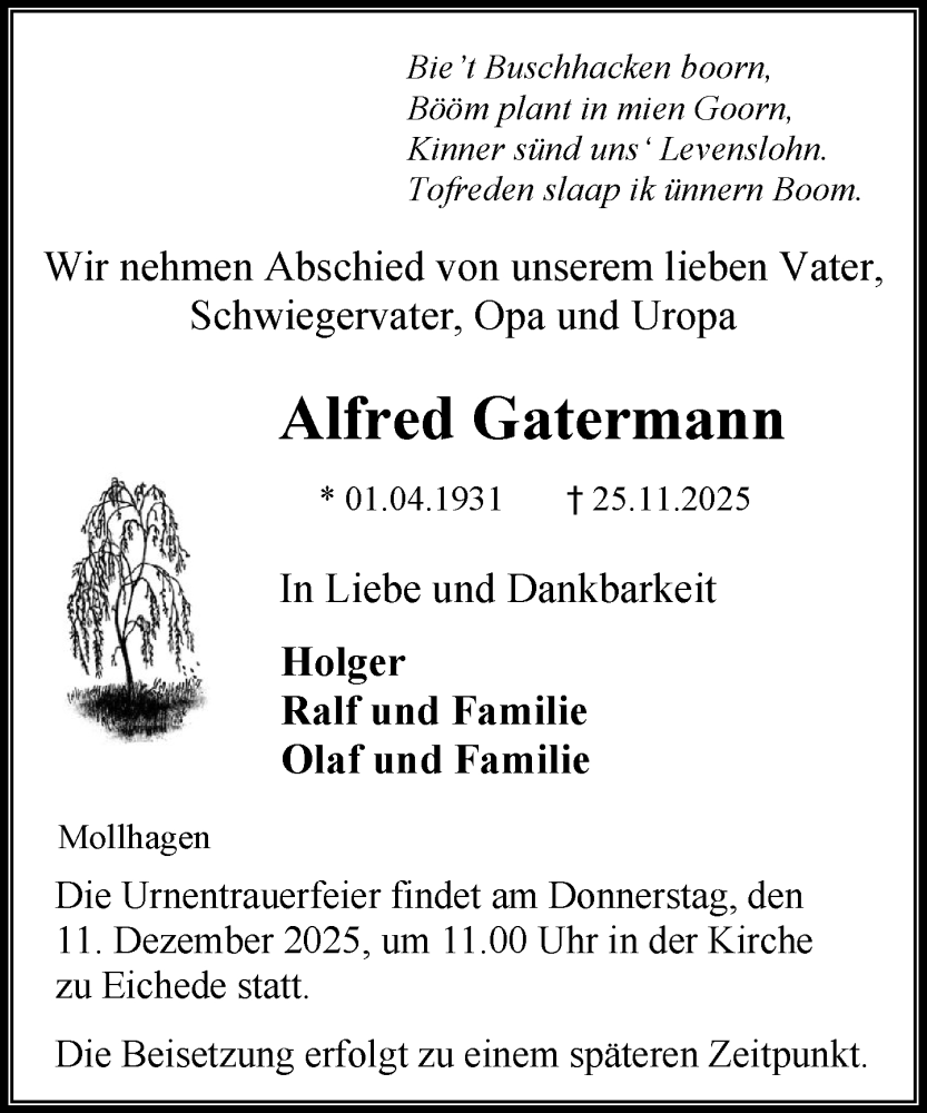 Traueranzeige für Alfred Gatermann vom 06.12.2025 aus MARKT Bad Oldesloe/Reinfeld, MARKT Ahrensburg/Bargteheide/Trittau und Stormarner Tageblatt