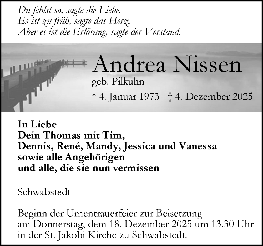  Traueranzeige für Andrea Nissen vom 13.12.2025 aus Husumer Nachrichten, Nordfriesland Tageblatt
