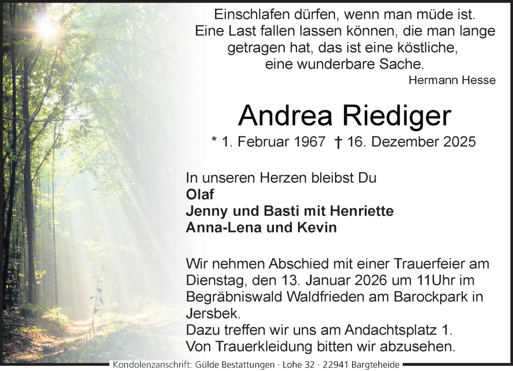  Traueranzeige für Andrea Riediger vom 27.12.2025 aus MARKT Ahrensburg/Bargteheide/Trittau und Stormarner Tageblatt