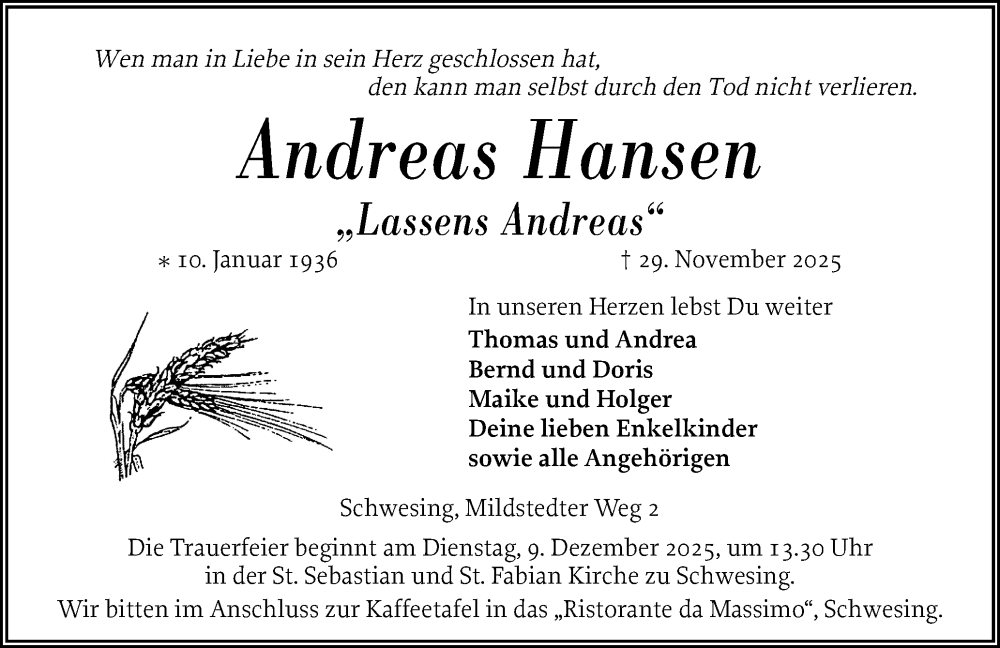  Traueranzeige für Andreas Hansen vom 06.12.2025 aus Husumer Nachrichten, Nordfriesland Tageblatt