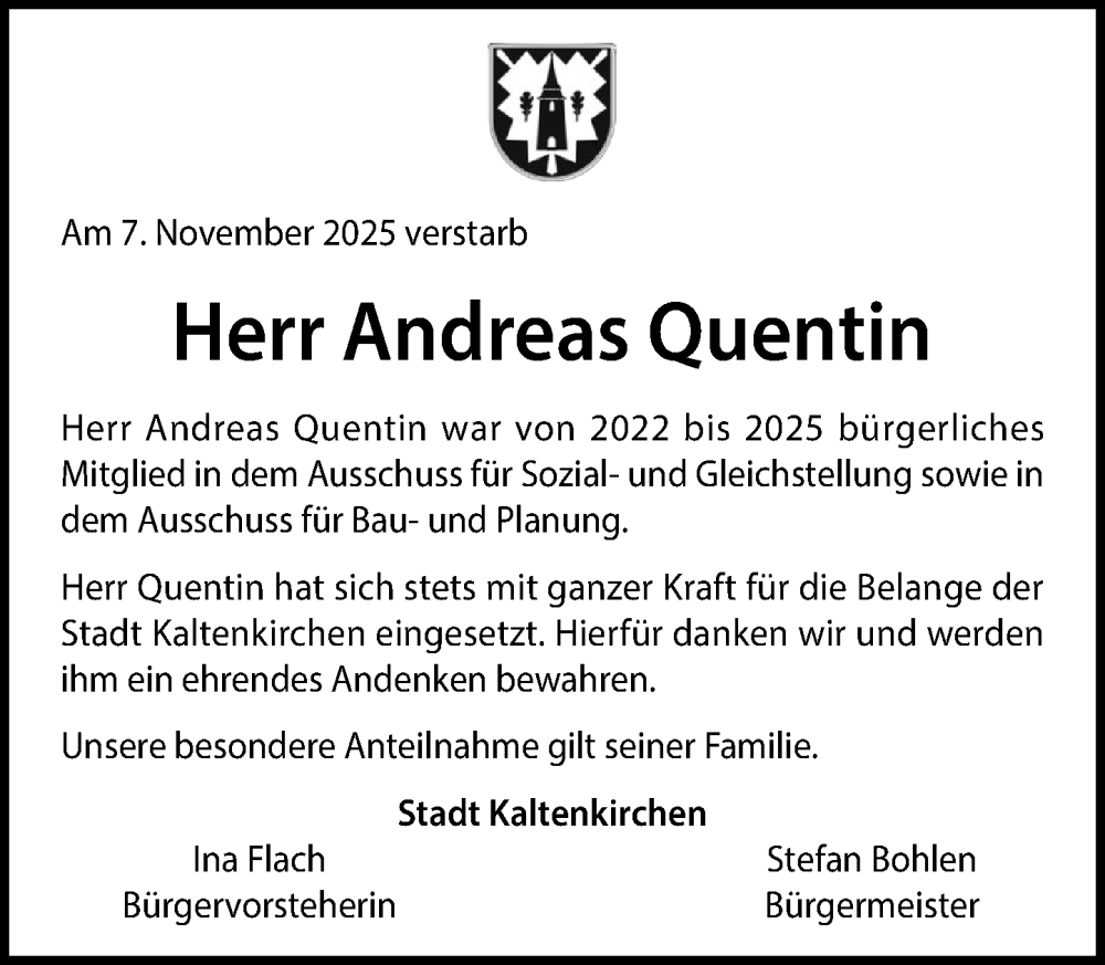  Traueranzeige für Andreas Quentin vom 06.12.2025 aus Umschau