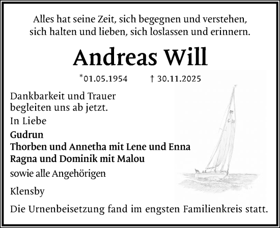 Traueranzeige von Andreas Will von Schleswiger Nachrichten, Schlei-Bote