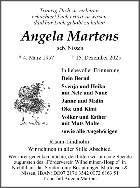 Traueranzeige von Angela Martens von Husumer Nachrichten, Nordfriesland Tageblatt