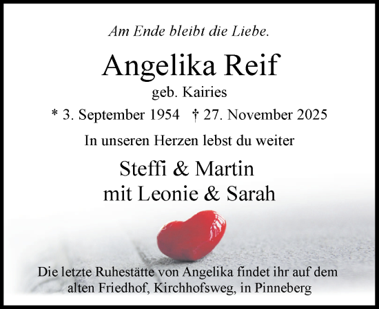 Traueranzeige von Angelika Reif von Uetersener Nachrichten, Der tip am Wochenende