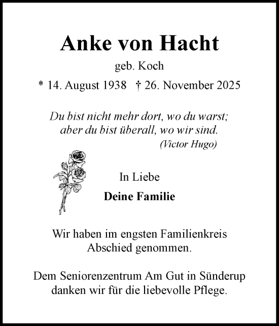 Traueranzeige von Anke von Hacht von Flensburger Tageblatt