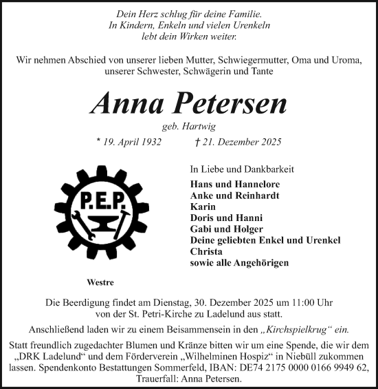 Traueranzeige von Anna Petersen von Region Flensburg